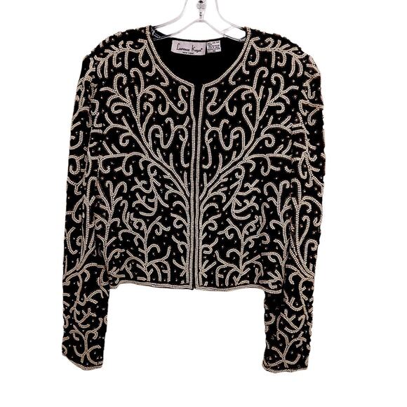 Vintage SILK Jacket Black White Pearls Sz SP Formal Holiday Party Glam Cropped - Picture 2 of 16